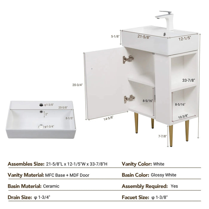 21.6' Open-shelving Bathroom Vanity with Ceramic Sink and Soft-Closing Door, Cloakroom Open Shelf Storage Cabinet on the Right Side, Assembly Required, White 24VB06-21WHR***CONTACT SELLER FOR STOCK*** Default -DTYStore