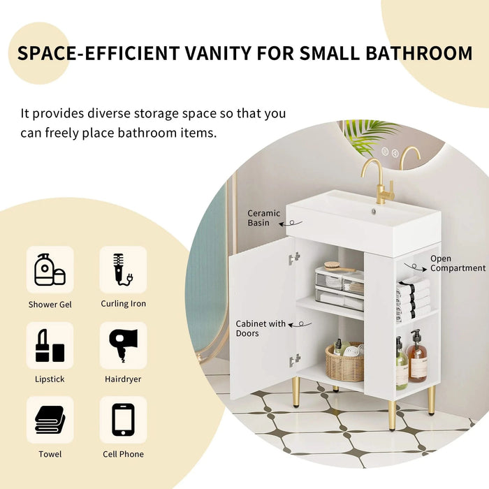 21.6' Open-shelving Bathroom Vanity with Ceramic Sink and Soft-Closing Door, Cloakroom Open Shelf Storage Cabinet on the Right Side, Assembly Required, White 24VB06-21WHR***CONTACT SELLER FOR STOCK*** Default -DTYStore