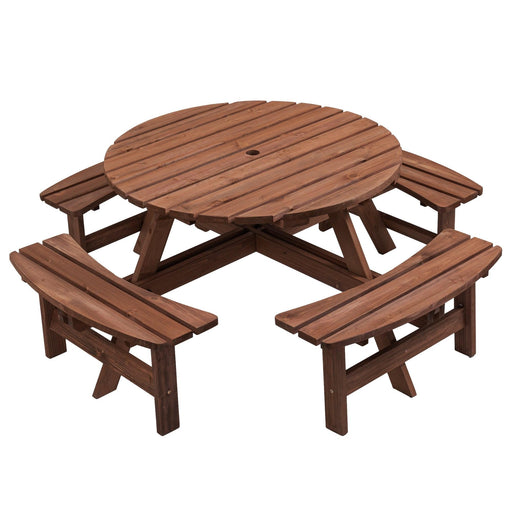 8 Person Wooden Picnic Table, Outdoor Camping Dining Table with Seat, Garden, DIY w/ 4 Built-in Benches, 2220lb Capacity - DTYStore