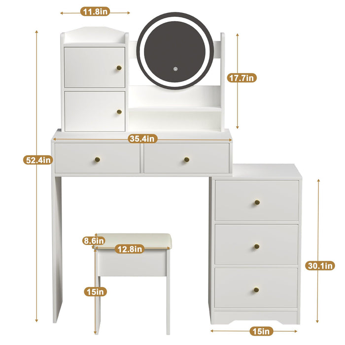 Fashion Vanity Desk with Mirror and Lights for Makeup and Cushioned Chair, Vanity Mirror with Lights and Table Set with 3 Color Lighting Brightness Adjustable,Dressing table, White Color - DTYStore