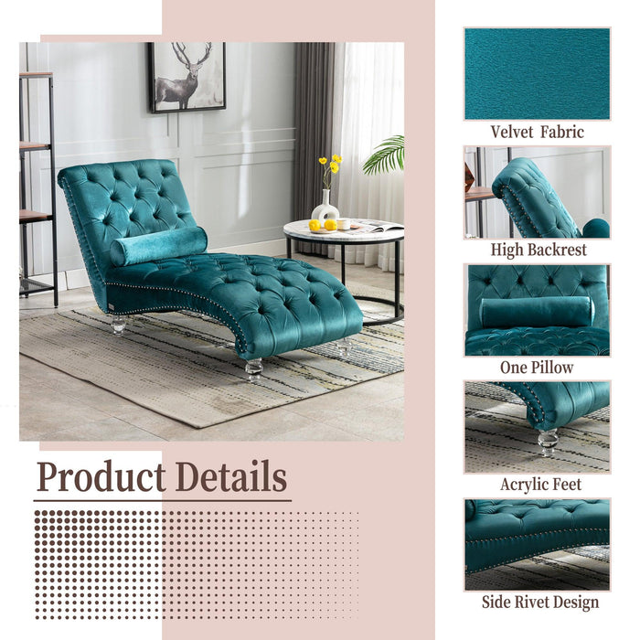 COOMORE Velvet Chaise Lounge Indoor,Button-Tufted Upholstered Chaise Lounge Chair with Pillow for Bedroom Living Room Office (Teal Velvet) - DTYStore