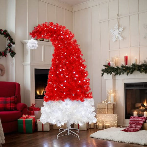 6FT Artificial Christmas Tree with LED Light, Santa's Hat Shape Artificial Whimsical Xmas Tree with 1050 Tip, Curved Xmax Tree - Image 19