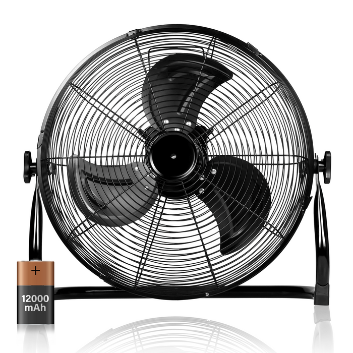 12-Inch Rechargeable Cordless Floor Fan, High Velocity Floor Fan With 360-Degree Tilt, Ready-to-use, Battery Operated, Heavy Duty Metal Floor Fan for Industrial, Commercial, Residential, Office, Black