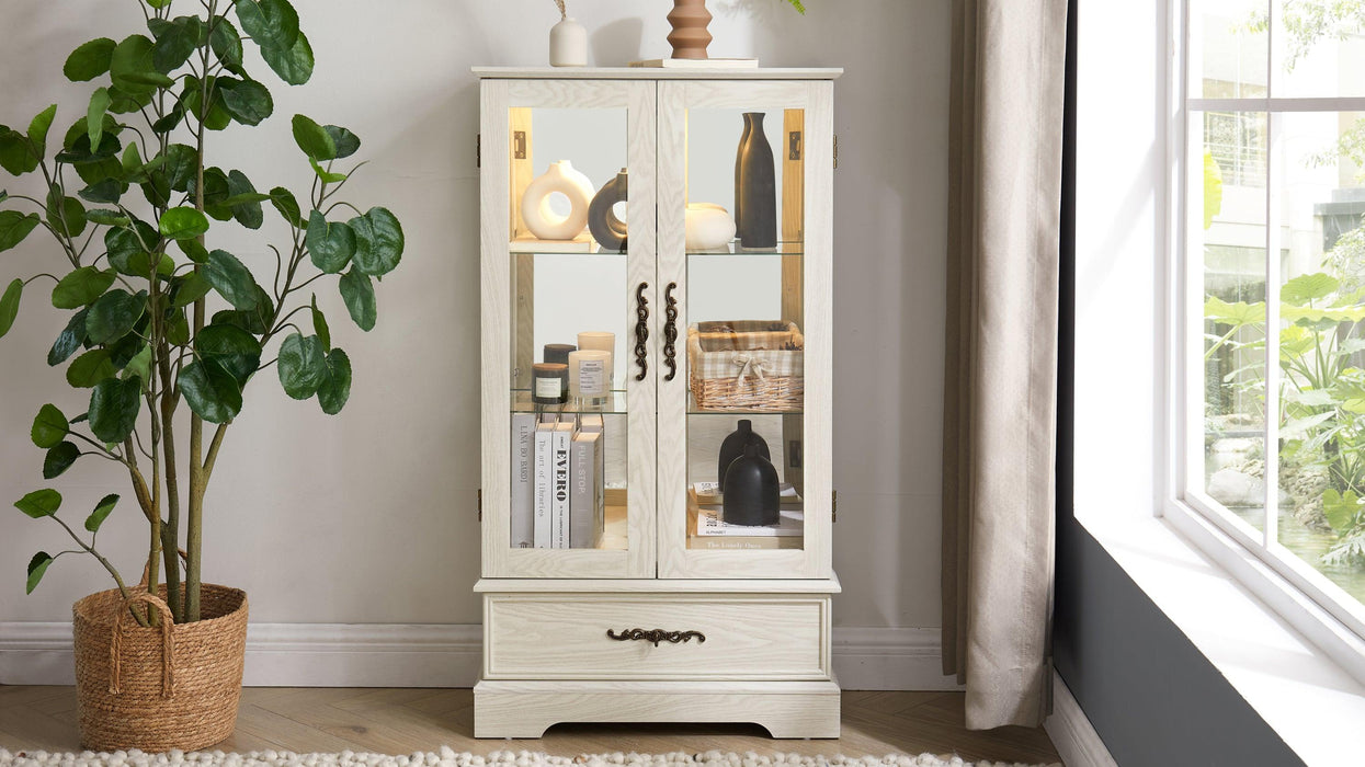 Glass Cabinet Lighted Glass Cabinet Curio Display Cabinet with Adjustable Glass Shelves 2 Doors and 1 drawer Cabinet Bulb Included White - DTYStore