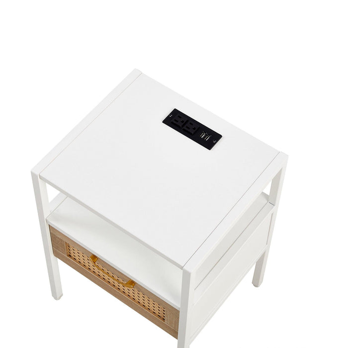 15.75" Rattan End Table with Power Outlet & USB Ports, Modern Nightstand with Drawer and Metal Legs - DTYStore