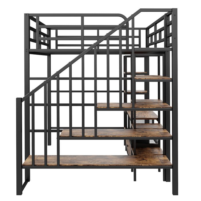 Full Size Metal Loft Bed with Staircase,Low Storage Table and Storage Shelves,Black