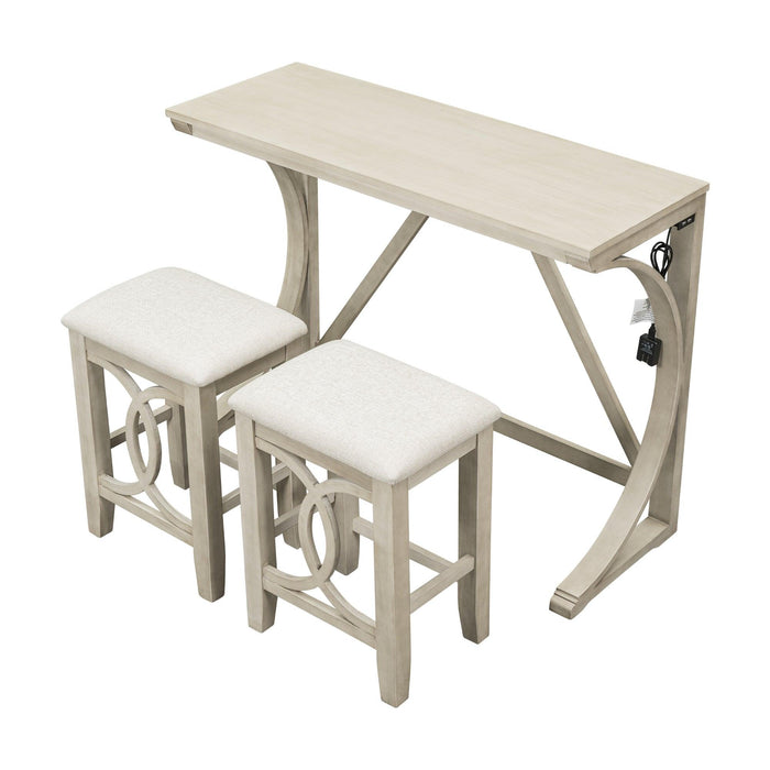 Farmhouse 3-Piece Counter Height Dining Table Set with USB Port and Upholstered Stools,Cream - DTYStore