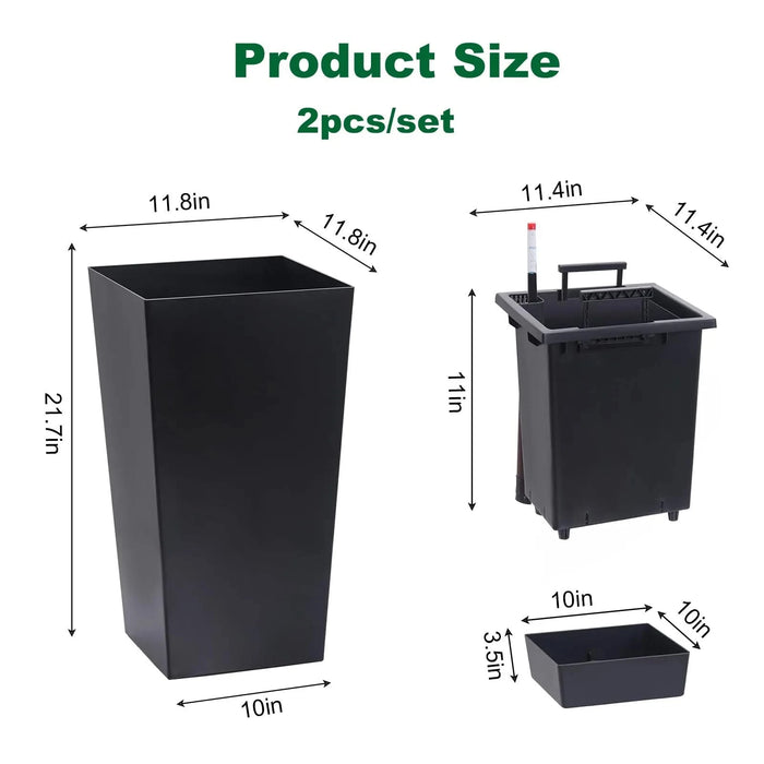 22'Tall Planter Set of 2, Outdoor＆Indoor Black Planter Pots, High Front Porch Planter Pots with Drainage Holes＆Water Level Monitor＆Inner Bucket, Automatic Watering, Black Default -DTYStore