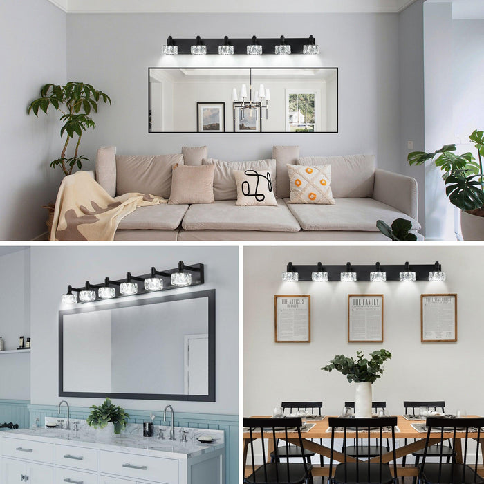 Modern 6-Light Matte Black LED Vanity Light Fixture with Crystal Glass Shades, Bathroom Wall Sconce for Elegant and Contemporary Home Decor - DTYStore