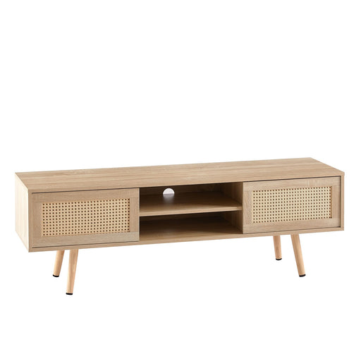 Natural Rattan TV Cabinet with Double Sliding Doors, Adjustable Shelf, Solid Wood Legs, 55.12 Inches