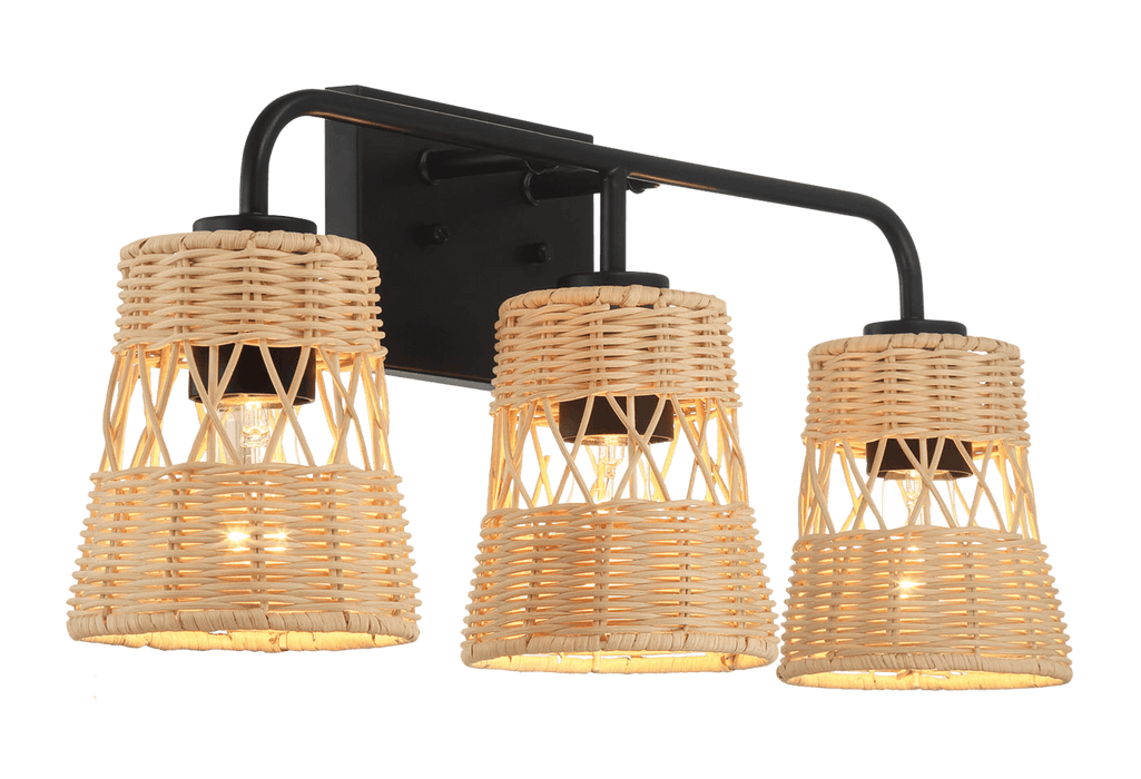 Moonlit Three Lights Wall Sconce With Rattan Shade, Bathroom Lighting Fixtures Over Mirror - DTYStore