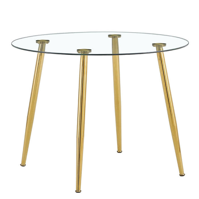 A glass tabletop with a diameter of 40 inches and a modern minimalist circular dining table with gold plated metal legs. 40 '* 40' * 30 ' DT-1164