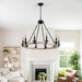 Rustic Farmhouse 10-Light Candle Chandelier, Black Metal and Wood Round Hanging Light Fixture for Dining Room, Kitchen, Living Room, Adjustable Height, E12 Bulb Base (No Bulbs) - DTYStore
