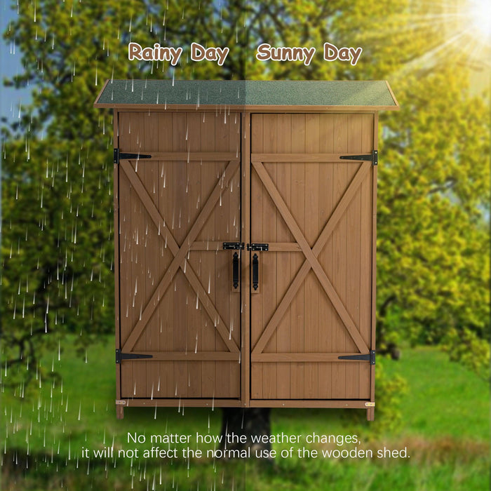 56"L x 19.5"W x 64"H Outdoor Storage Shed with Lockable Door, Wooden Tool Storage Shed w/Detachable Shelves & Pitch Roof,Yellow Brown - DTYStore