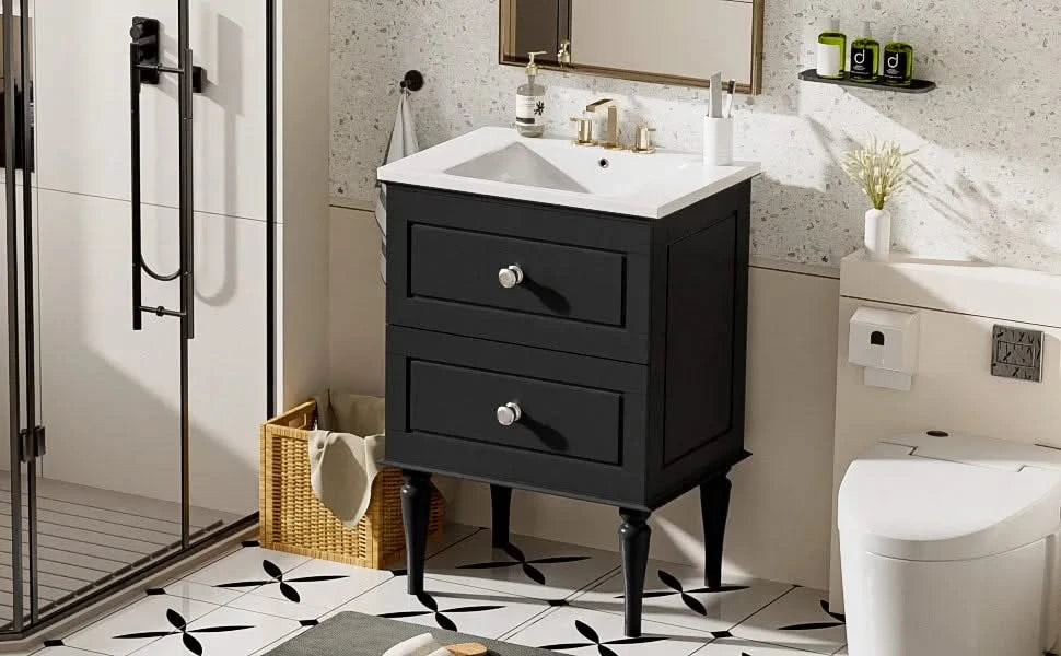 24'' Bathroom Vanity Cabinet with Ceramic Sink Combo Set, Solid Wood Frame Modern Bathroom Storage Cabinet with 2 Drawers, Black Default -DTYStore