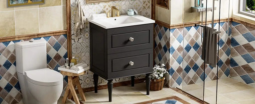 24'' Bathroom Vanity Cabinet with Ceramic Sink Combo Set, Solid Wood Frame Modern Bathroom Storage Cabinet with 2 Drawers, Black Default -DTYStore