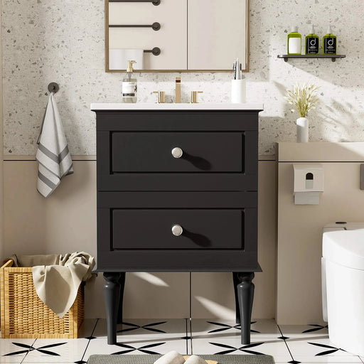 24'' Bathroom Vanity Cabinet with Ceramic Sink Combo Set, Solid Wood Frame Modern Bathroom Storage Cabinet with 2 Drawers, Black Default -DTYStore