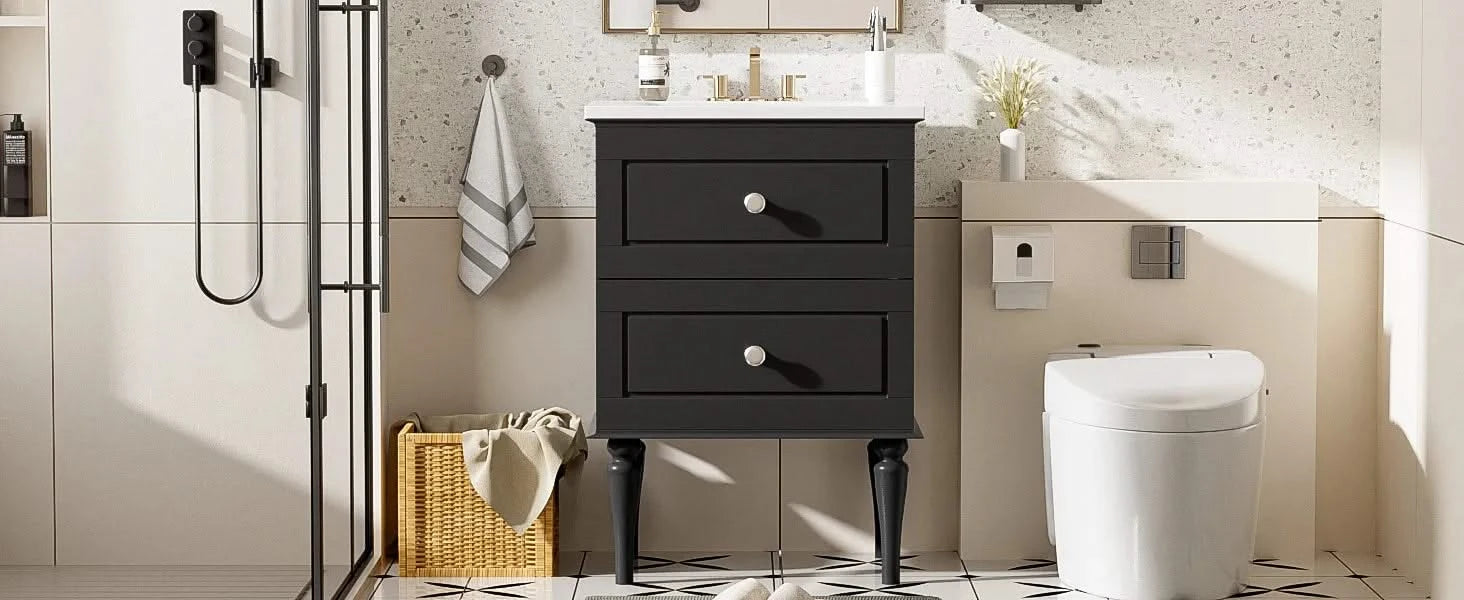 24'' Bathroom Vanity Cabinet with Ceramic Sink Combo Set, Solid Wood Frame Modern Bathroom Storage Cabinet with 2 Drawers, Black Default -DTYStore