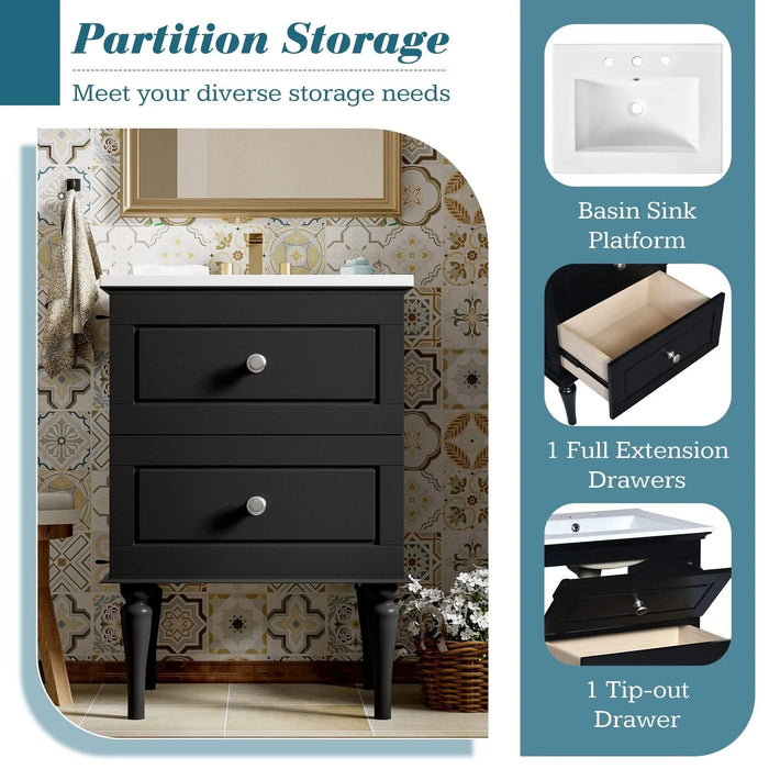24'' Bathroom Vanity Cabinet with Ceramic Sink Combo Set, Solid Wood Frame Modern Bathroom Storage Cabinet with 2 Drawers, Black Default -DTYStore