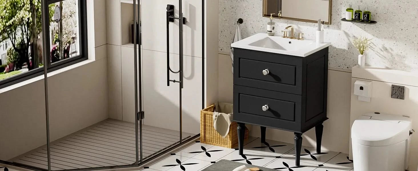 24'' Bathroom Vanity Cabinet with Ceramic Sink Combo Set, Solid Wood Frame Modern Bathroom Storage Cabinet with 2 Drawers, Black Default -DTYStore