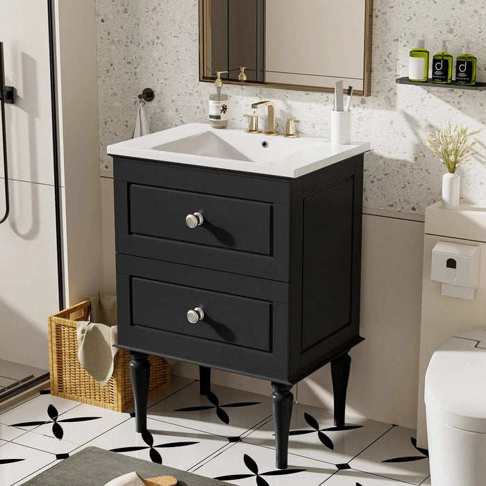 24'' Bathroom Vanity Cabinet with Ceramic Sink Combo Set, Solid Wood Frame Modern Bathroom Storage Cabinet with 2 Drawers, Black Default -DTYStore