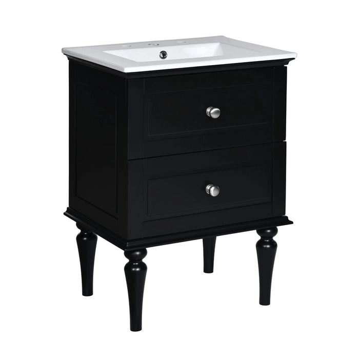24'' Bathroom Vanity Cabinet with Ceramic Sink Combo Set, Solid Wood Frame Modern Bathroom Storage Cabinet with 2 Drawers, Black Default -DTYStore