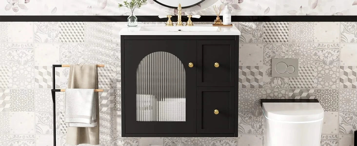 24' Bathroom Vanity Set Wall Mounted for Small Space, Bathroom Cabinet with Ceramic Sink, 2 Drawers and 1 Soft-Close Door Default -DTYStore