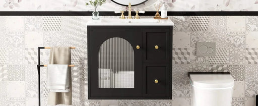 24' Bathroom Vanity Set Wall Mounted for Small Space, Bathroom Cabinet with Ceramic Sink, 2 Drawers and 1 Soft-Close Door Default -DTYStore