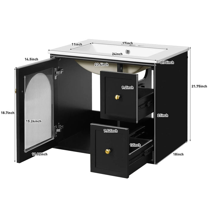 24' Bathroom Vanity Set Wall Mounted for Small Space, Bathroom Cabinet with Ceramic Sink, 2 Drawers and 1 Soft-Close Door Default -DTYStore