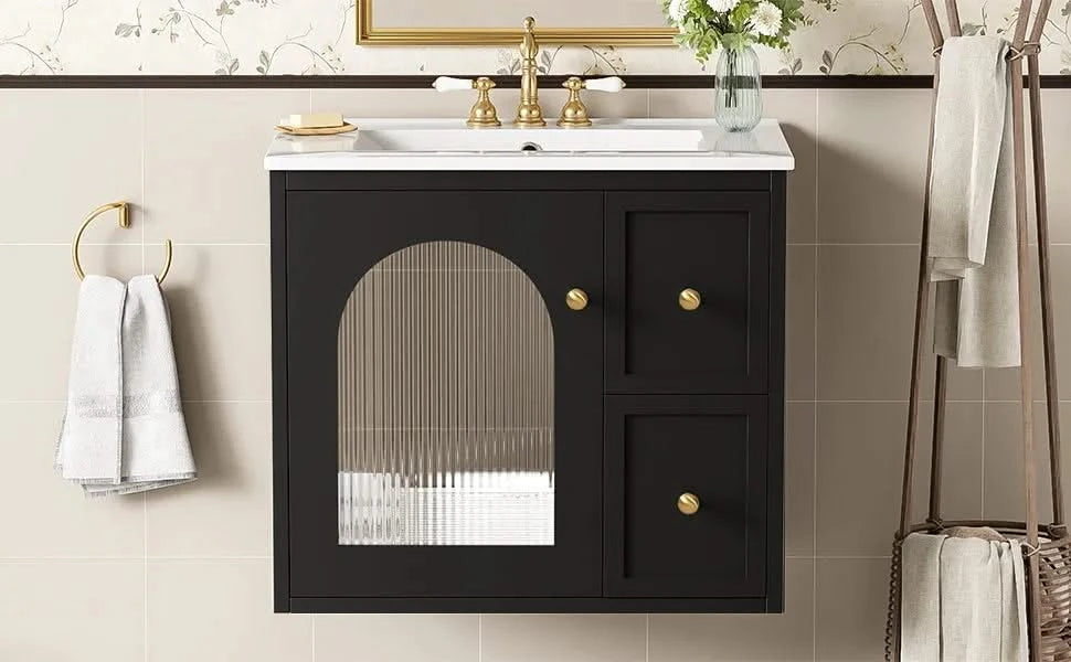 24' Bathroom Vanity Set Wall Mounted for Small Space, Bathroom Cabinet with Ceramic Sink, 2 Drawers and 1 Soft-Close Door Default -DTYStore