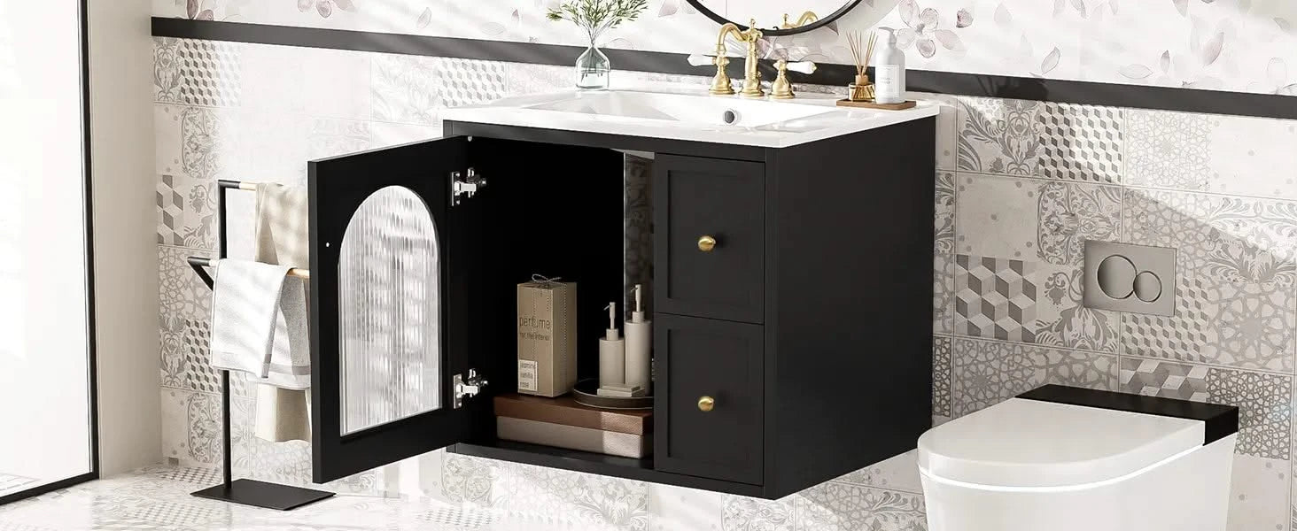 24' Bathroom Vanity Set Wall Mounted for Small Space, Bathroom Cabinet with Ceramic Sink, 2 Drawers and 1 Soft-Close Door Default -DTYStore