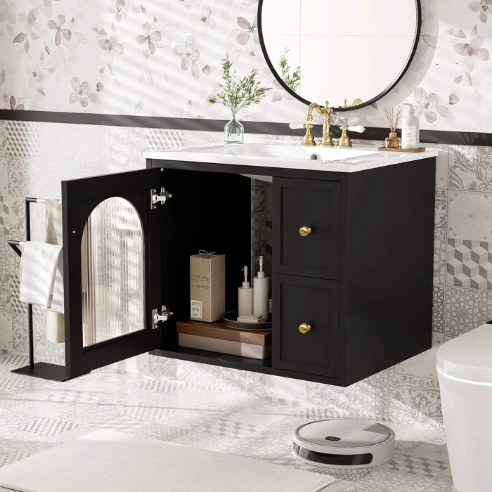 24' Bathroom Vanity Set Wall Mounted for Small Space, Bathroom Cabinet with Ceramic Sink, 2 Drawers and 1 Soft-Close Door Default -DTYStore