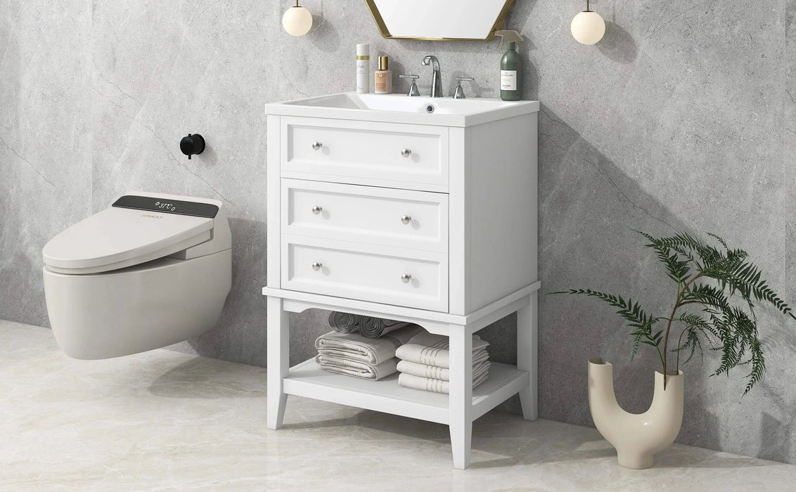 24' Bathroom Vanity With Sink, Bathroom Storage Cabinet with Drawer and Open Shelf, Solid Wood Frame, White Default -DTYStore