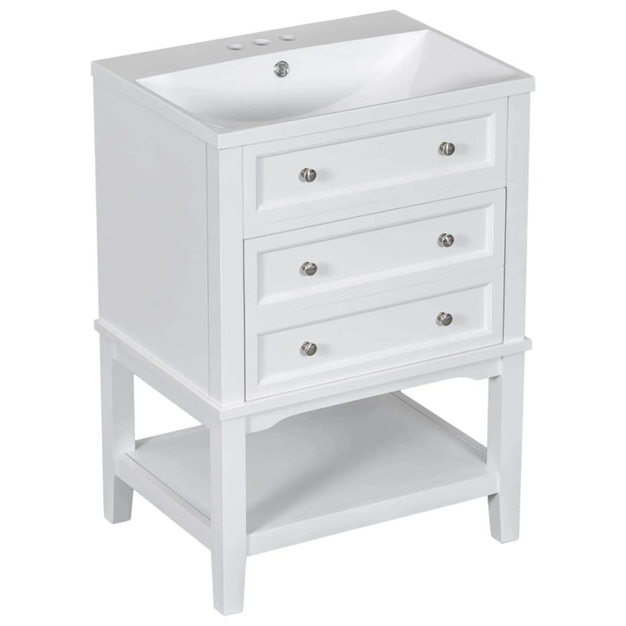 24' Bathroom Vanity With Sink, Bathroom Storage Cabinet with Drawer and Open Shelf, Solid Wood Frame, White Default -DTYStore