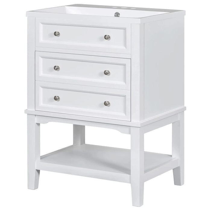 24' Bathroom Vanity With Sink, Bathroom Storage Cabinet with Drawer and Open Shelf, Solid Wood Frame, White Default -DTYStore