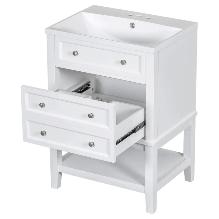 24' Bathroom Vanity With Sink, Bathroom Storage Cabinet with Drawer and Open Shelf, Solid Wood Frame, White Default -DTYStore