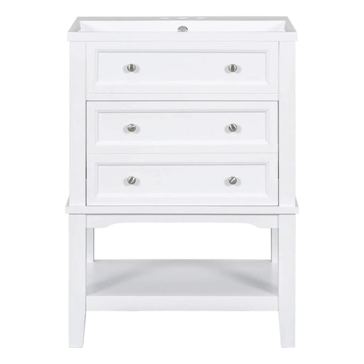 24' Bathroom Vanity With Sink, Bathroom Storage Cabinet with Drawer and Open Shelf, Solid Wood Frame, White Default -DTYStore