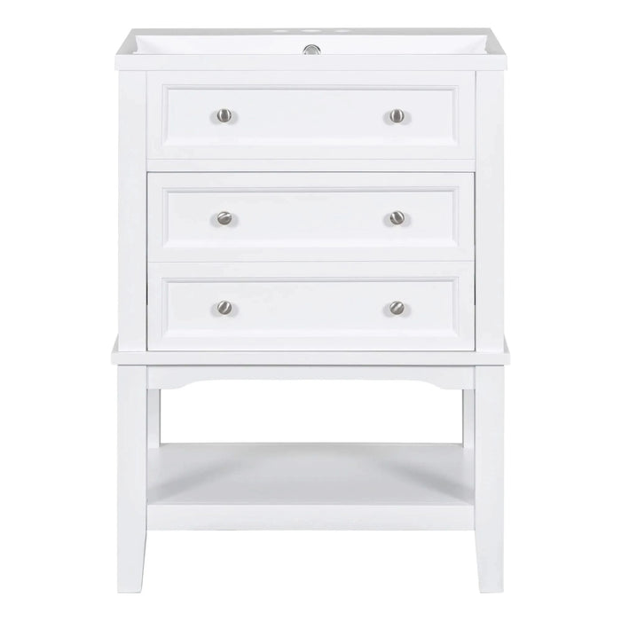 24' Bathroom Vanity With Sink, Bathroom Storage Cabinet with Drawer and Open Shelf, Solid Wood Frame, White Default -DTYStore