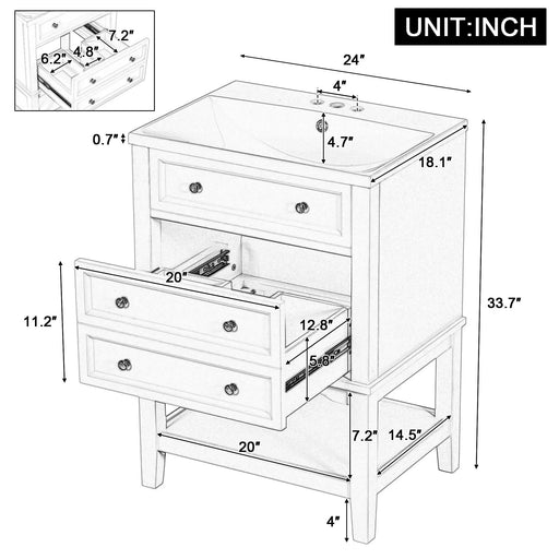 24' Bathroom Vanity With Sink, Bathroom Storage Cabinet with Drawer and Open Shelf, Solid Wood Frame, White (Old Sku:SY999991AAK) Default -DTYStore