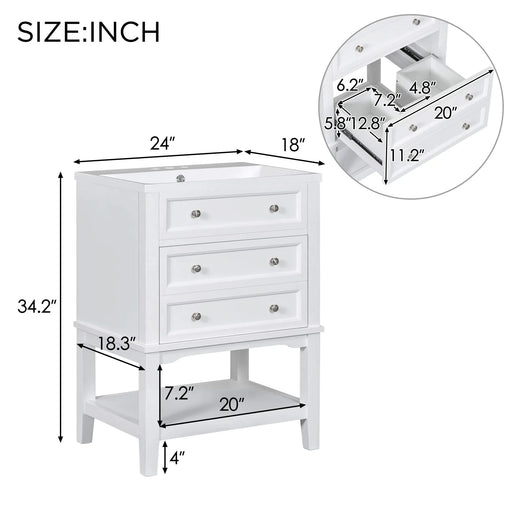24' Bathroom Vanity With Sink, Bathroom Storage Cabinet with Drawer and Open Shelf, Solid Wood Frame, White Default -DTYStore