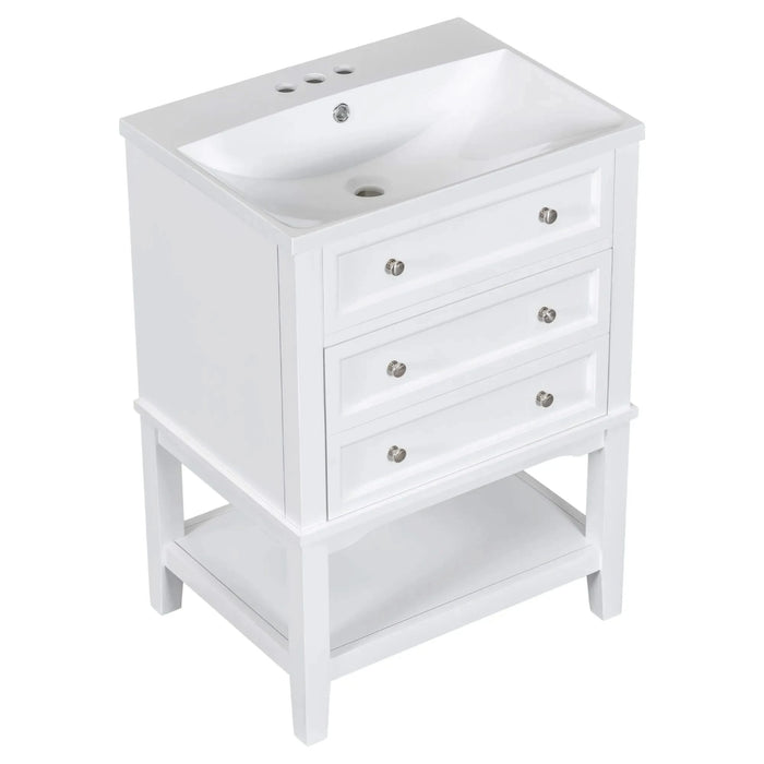 24' Bathroom Vanity With Sink, Bathroom Storage Cabinet with Drawer and Open Shelf, Solid Wood Frame, White Default -DTYStore