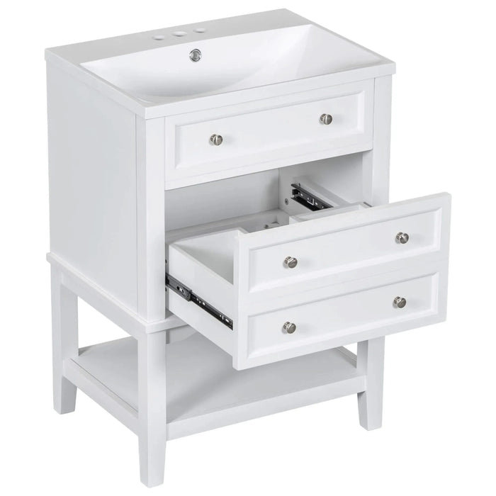 24' Bathroom Vanity With Sink, Bathroom Storage Cabinet with Drawer and Open Shelf, Solid Wood Frame, White Default -DTYStore