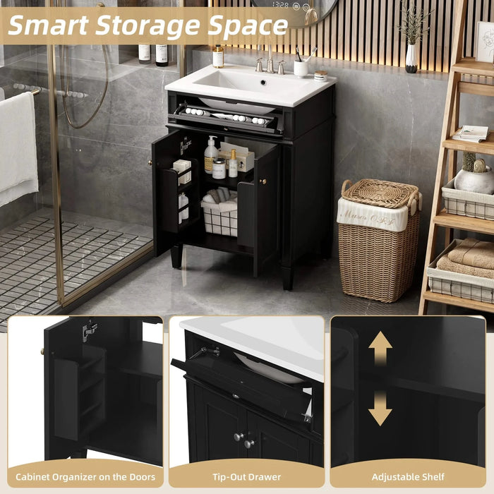 24' Bathroom Vanity with 2 Doors and Tip-Out Drawer, Bathroom Storage Cabinet with Sink, Soft-Closing Doors with Organizers Default -DTYStore