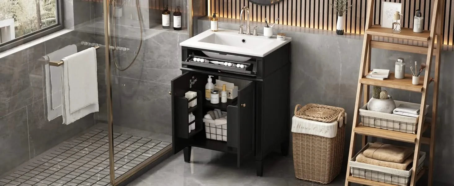 24' Bathroom Vanity with 2 Doors and Tip-Out Drawer, Bathroom Storage Cabinet with Sink, Soft-Closing Doors with Organizers Default -DTYStore