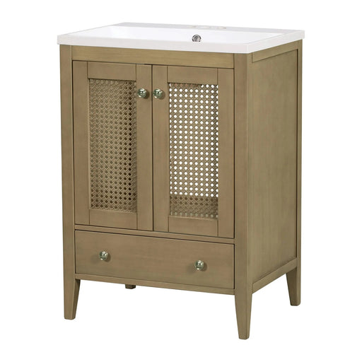 24' Bathroom Vanity with Ceramic Basin, Rattan Bathroom Storage Cabinet with Two Doors and Drawer, Solid Frame, Natural (OLD SKU: JL000008AAD) Default -DTYStore