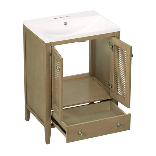24' Bathroom Vanity with Ceramic Basin, Rattan Bathroom Storage Cabinet with Two Doors and Drawer, Solid Frame, Natural (OLD SKU: JL000008AAD) Default -DTYStore