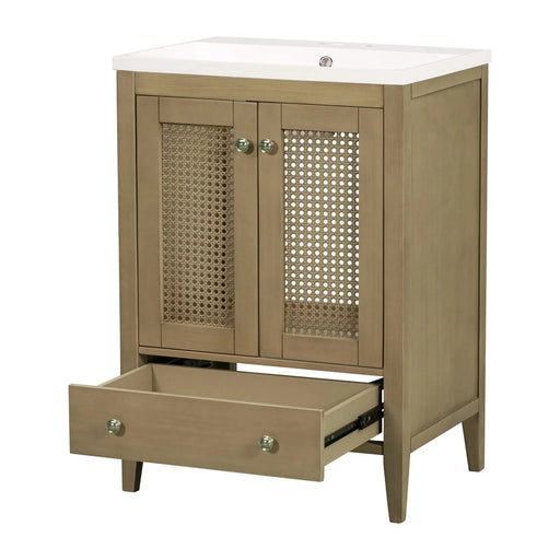 24' Bathroom Vanity with Ceramic Basin, Rattan Bathroom Storage Cabinet with Two Doors and Drawer, Solid Frame, Natural (OLD SKU: JL000008AAD) Default -DTYStore