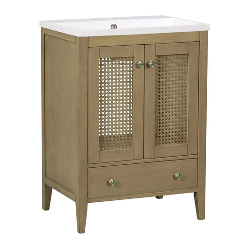 24' Bathroom Vanity with Ceramic Basin, Rattan Bathroom Storage Cabinet with Two Doors and Drawer, Solid Frame, Natural (OLD SKU: JL000008AAD) Default -DTYStore