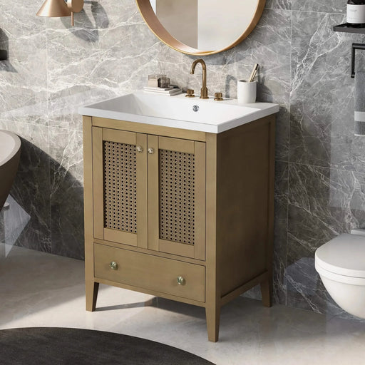 24' Bathroom Vanity with Ceramic Basin, Rattan Bathroom Storage Cabinet with Two Doors and Drawer, Solid Frame, Natural (OLD SKU: JL000008AAD) Default -DTYStore