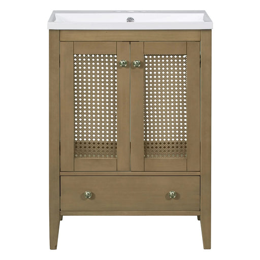 24' Bathroom Vanity with Ceramic Basin, Rattan Bathroom Storage Cabinet with Two Doors and Drawer, Solid Frame, Natural (OLD SKU: JL000008AAD) Default -DTYStore